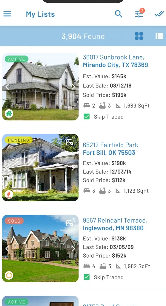 BatchLeads app: A list of properties marked skip traced