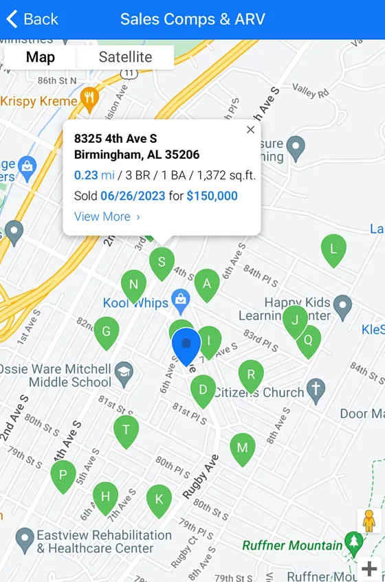 DealCheck app: Sales comps pinned on a map around a property