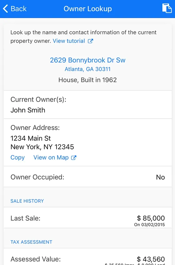 DealCheck app: Owner lookup for a property address