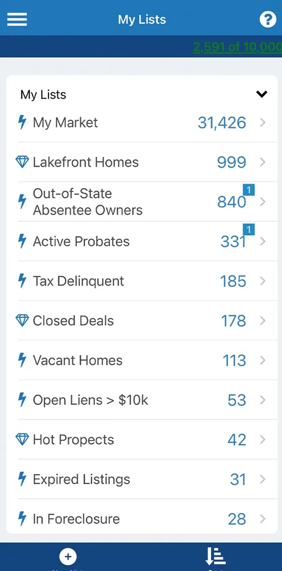 PropertyRadar app: Saved lists counted by signal: probates, tax delinquent, vacant, liens