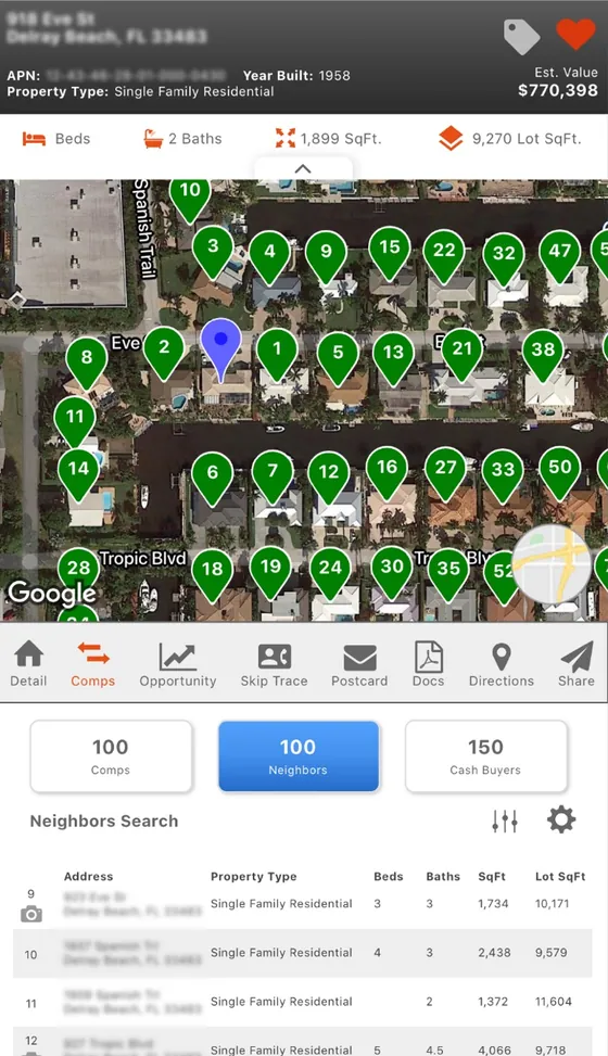PropStream app: Comparable properties pinned on the map