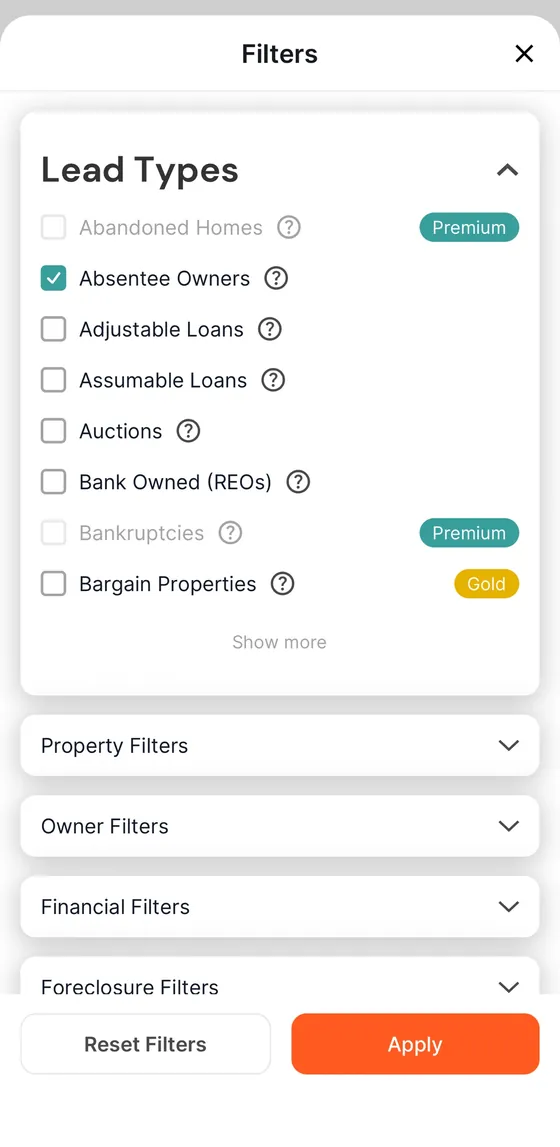 Propwire app: Lead type filters, some marked Premium