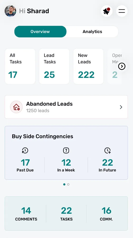 REsimpli app: Dashboard: tasks, new leads and buy-side contingencies